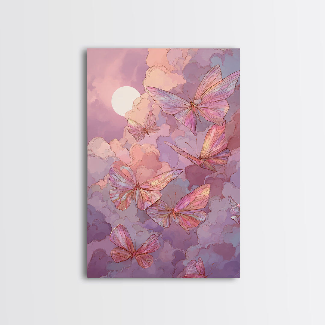 Pink Butterfly Moonlit Clouds Wall Art, Whimsical Nursery Decor, Celestial Art Print, Pastel Girls Room Decor, Gift For Her