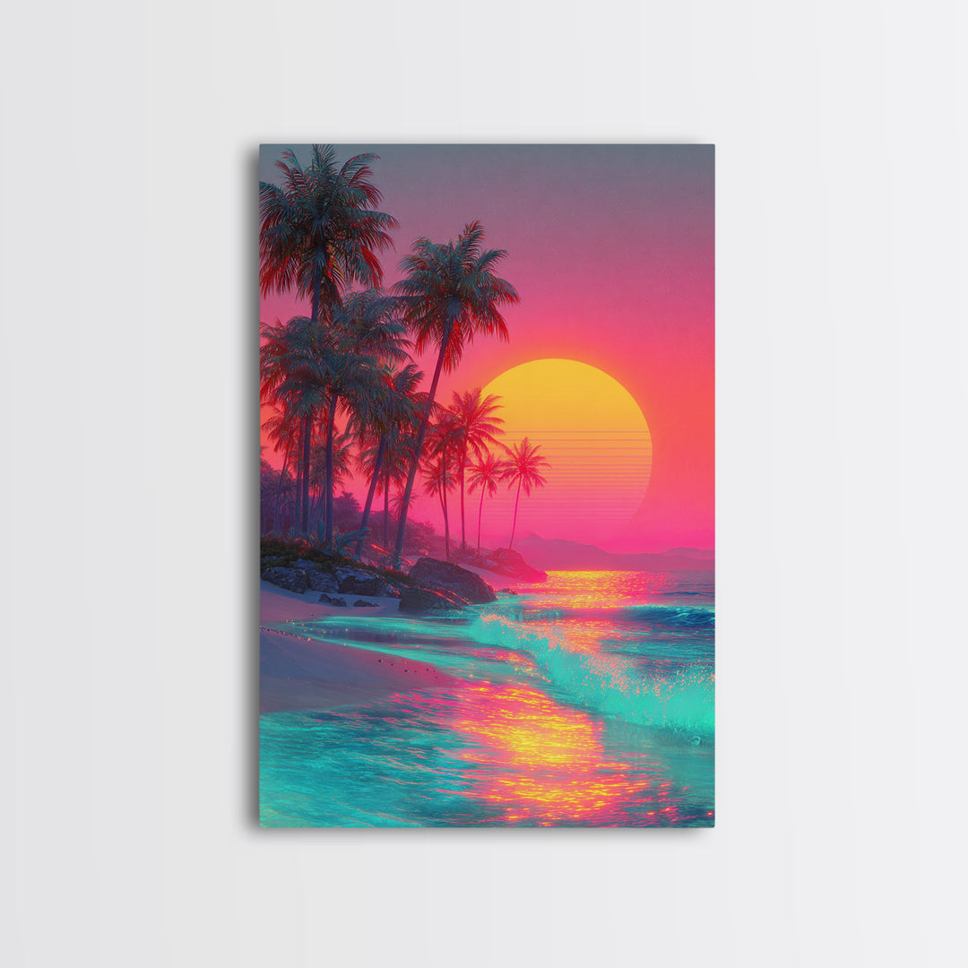 Tropical Beach With Palm Trees And Vibrant Sunset Reflections Large Framed Canvas Print Wall Art