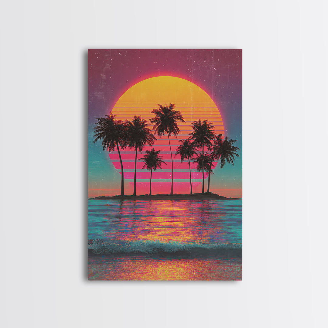 Retro Sunset With Palm Trees Against Gradient Sky Vibrant Framed Canvas Print For Tropical Wall Art And Home Decor