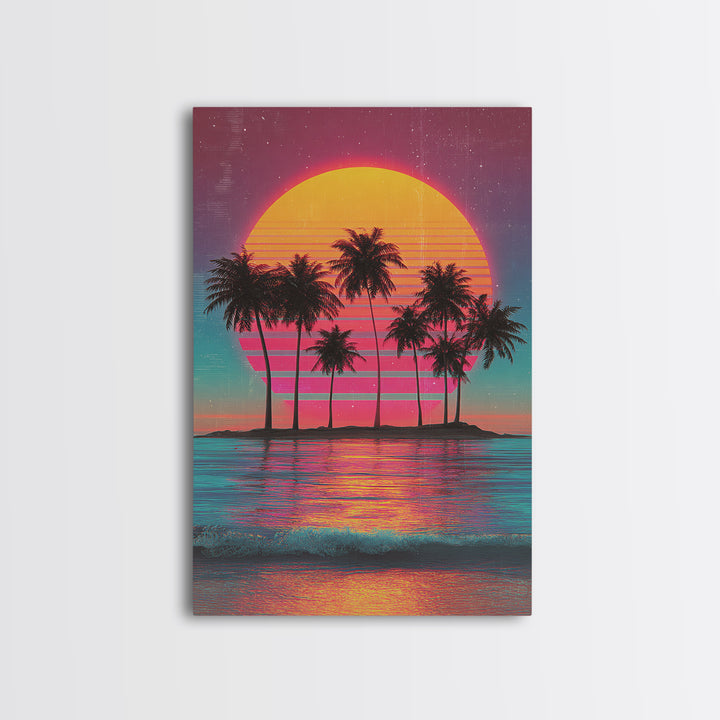 Retro Sunset With Palm Trees Against Gradient Sky Vibrant Framed Canvas Print For Tropical Wall Art And Home Decor