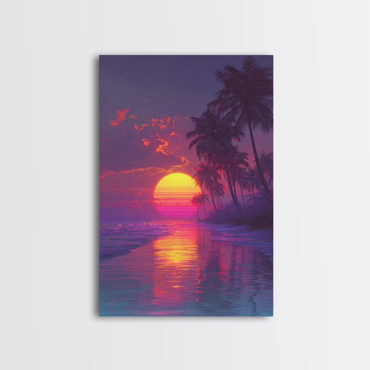 Neon Retro Sports Car At Night With Palm Trees Vibrant Cityscape Large Wall Art Framed Canvas Print Modern Decor