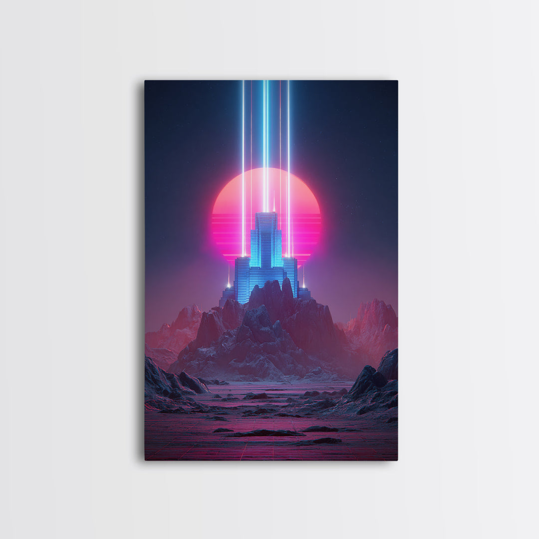 Retro Futuristic Neon Cityscape Digital Art Modern Wall Art Framed Canvas Print For Home Decor