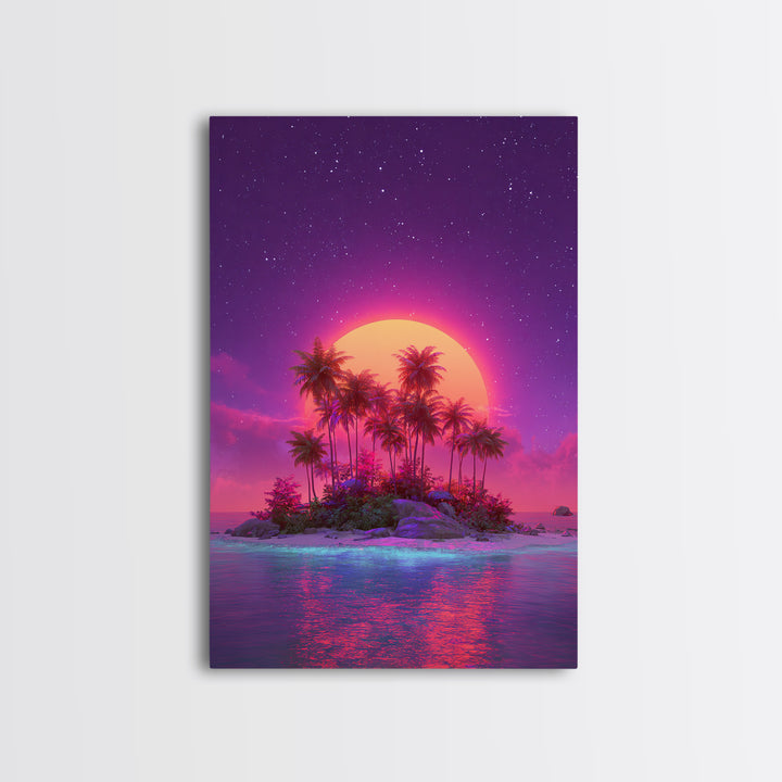 Neon Sunset Tropical Island With Palm Trees Canvas Print Vibrant Wall Art For Coastal Decor And Trendy Home Decor