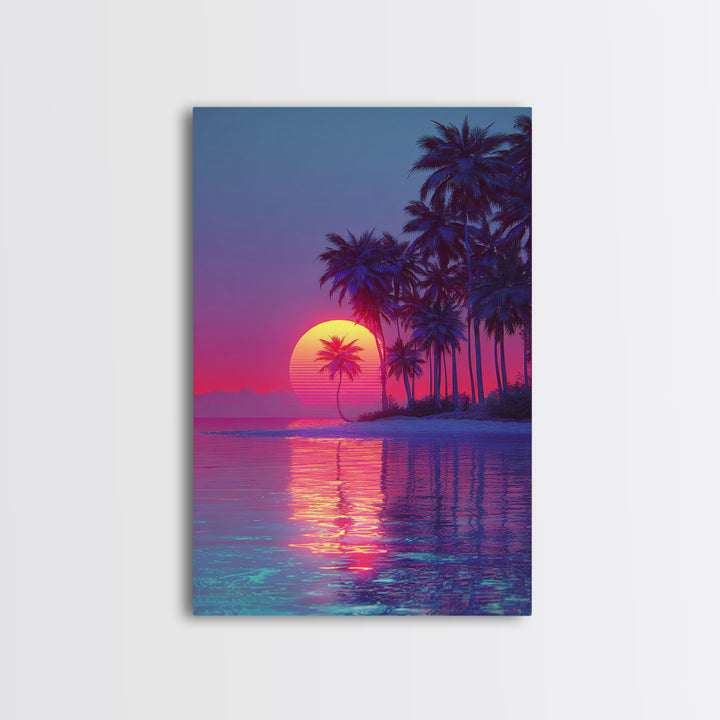 Vaporwave Tropical Sunset With Palm Trees Beach Reflection Canvas Print For Modern Home Decor Wall Art