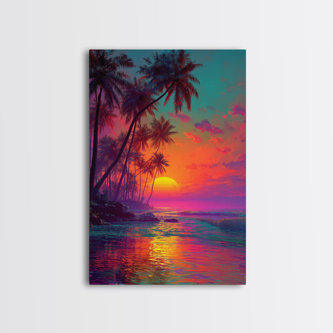 Vibrant Tropical Sunset With Palm Trees Over Ocean Framed Canvas Print Perfect For Coastal Home Decor