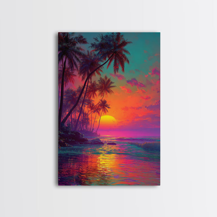 Vibrant Tropical Sunset With Palm Trees Over Ocean Framed Canvas Print Perfect For Coastal Home Decor