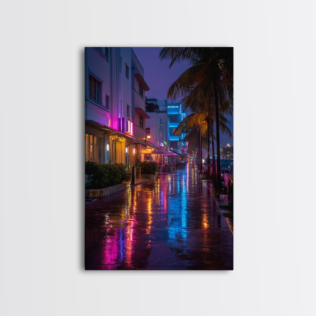 Vibrant Neon Miami Street Nightscape With Palm Trees Digital Wall Art Canvas Print For Chic Living Room Home Decor