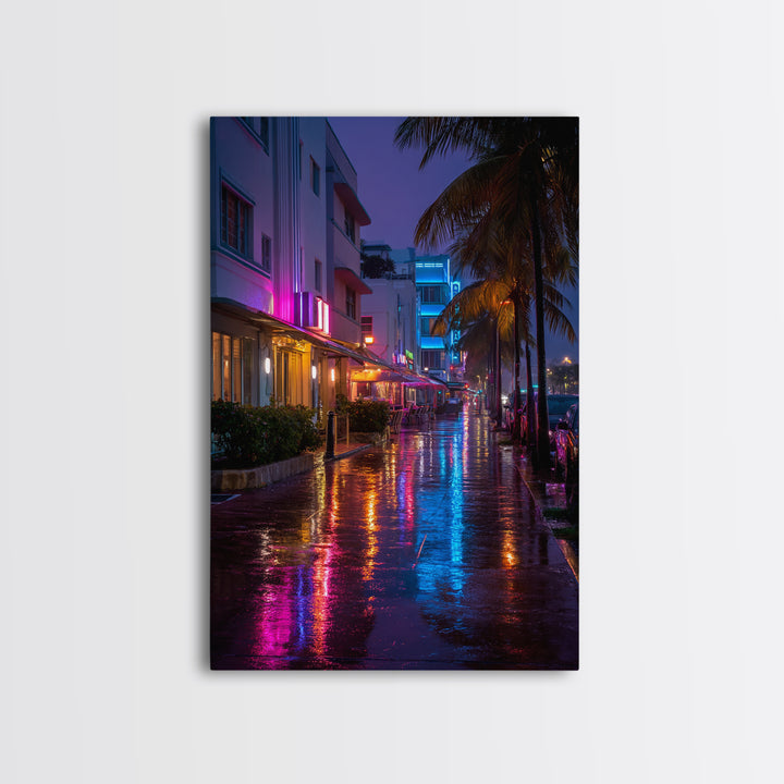 Vibrant Neon Miami Street Nightscape With Palm Trees Digital Wall Art Canvas Print For Chic Living Room Home Decor