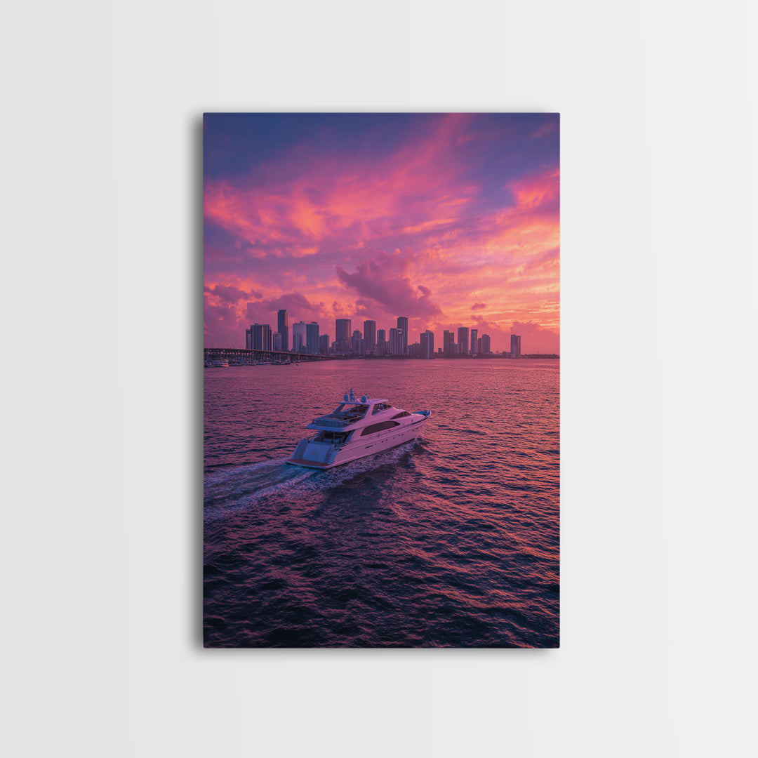 Luxury Yacht Sailing Into Stunning Miami Sunset Skyline Wall Art Framed Canvas Print For Living Room Decor