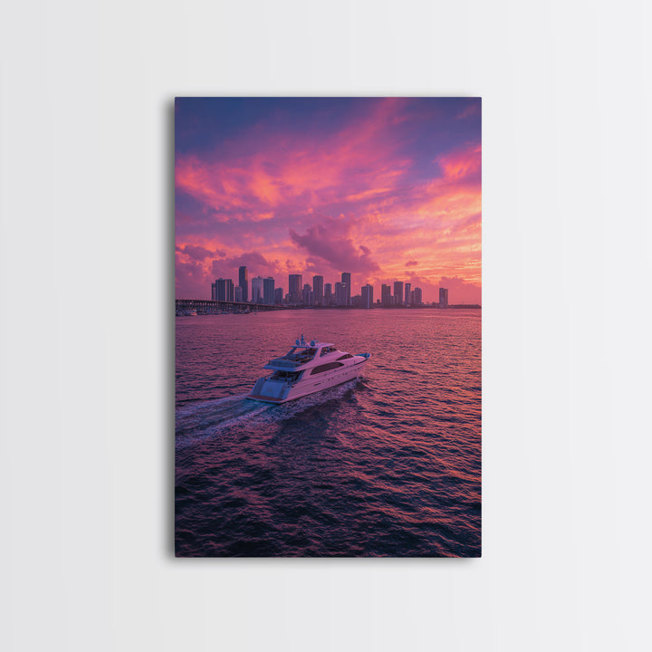Luxury Yacht Sailing Into Stunning Miami Sunset Skyline Wall Art Framed Canvas Print For Living Room Decor