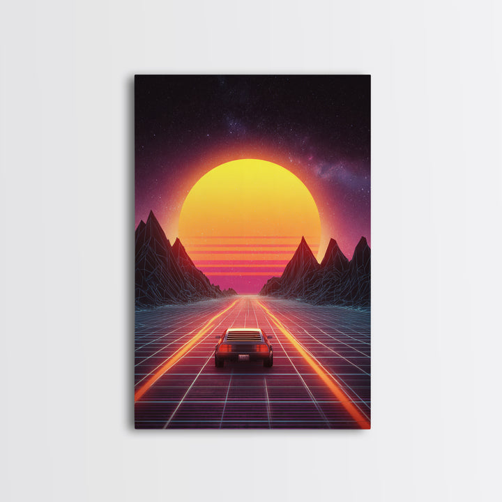 Vibrant Retro Futuristic Road Landscape Canvas Print With Neon Sunset And Car Driving Through Digital Mountains
