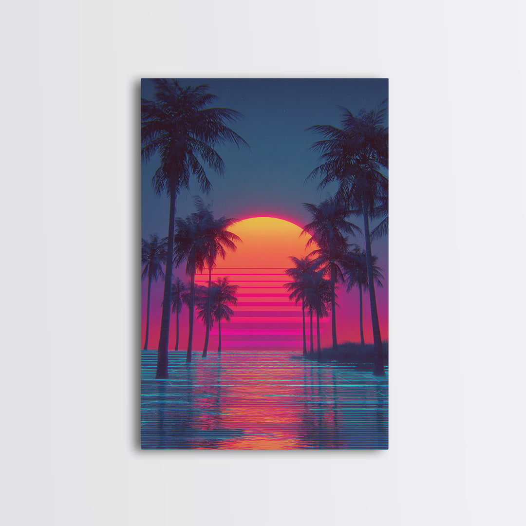 Sunset Over Tropical Beach With Palm Trees Vibrant Coastal Wall Art Canvas Print