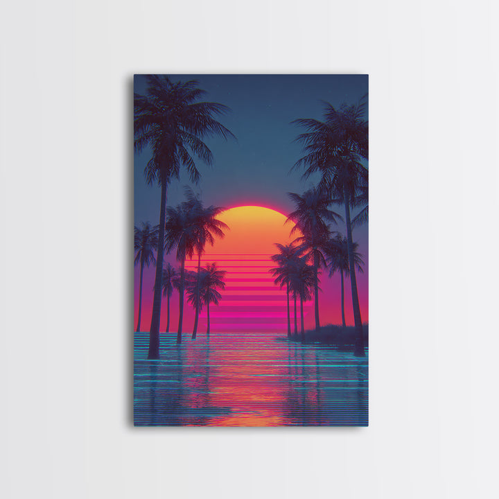 Sunset Over Tropical Beach With Palm Trees Vibrant Coastal Wall Art Canvas Print