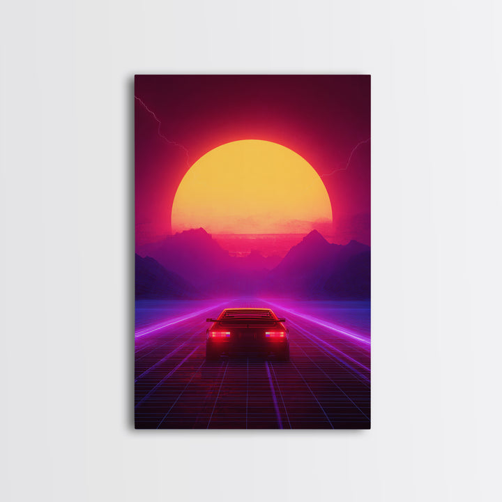 Synthwave Retro Neon Landscape With Sports Car And Palm Trees Under Glowing Sunset Canvas Print For Vaporwave Wall Art And Modern Decor