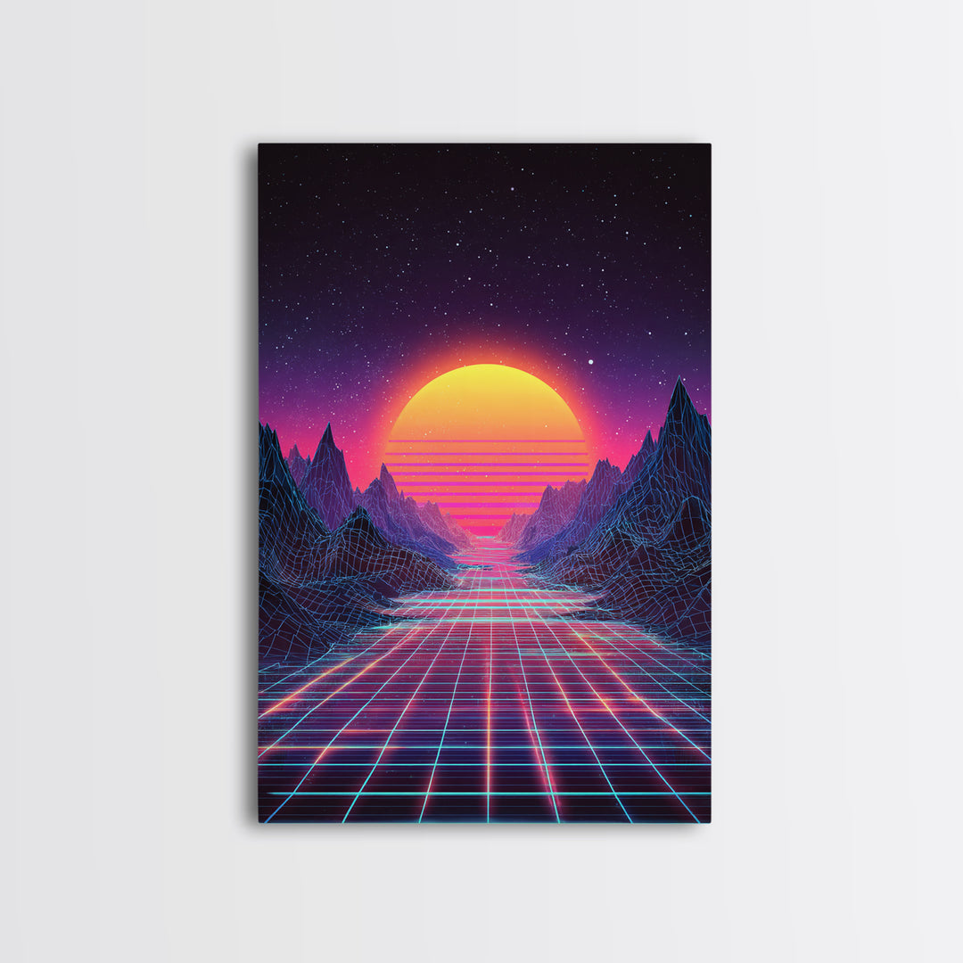 Retro Neon Landscape With Glowing Sun And Grid River Abstract Digital Wall Art Canvas Print For Modern Room
