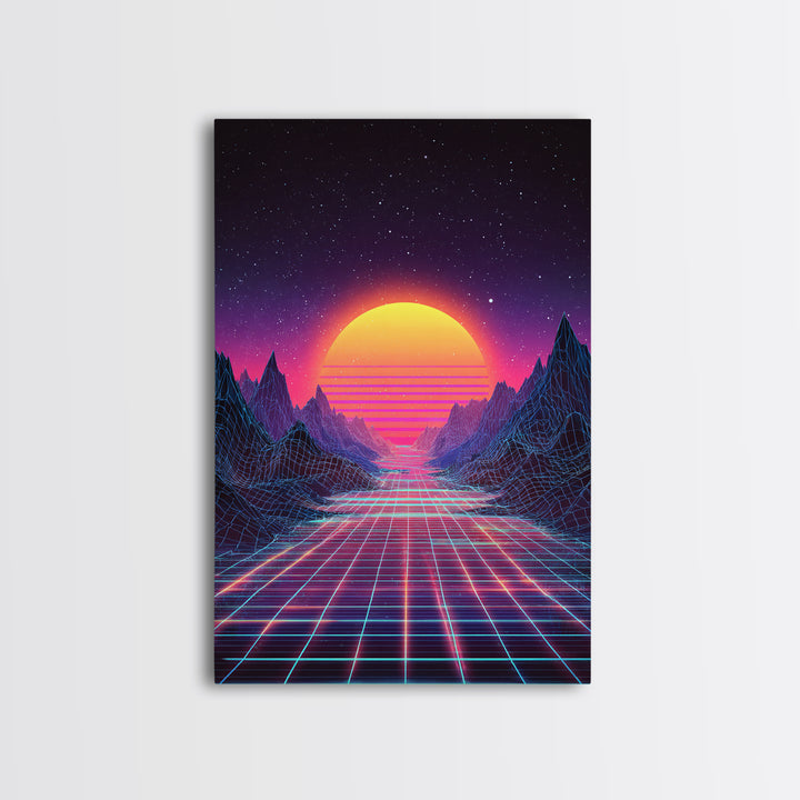 Retro Neon Landscape With Glowing Sun And Grid River Abstract Digital Wall Art Canvas Print For Modern Room