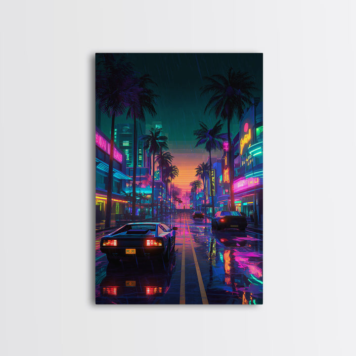 Neon City Rainy Night Street Retro Futuristic Art Print With Car Reflections And Palm Trees Canvas Print For Modern Wall Decor