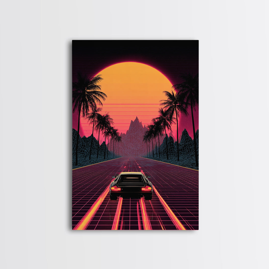 Retro Futuristic Neon Sunset Road With Laser Grid And Sports Car Canvas Print For Modern Wall Art Cyberpunk Decor And Gaming Room Decor