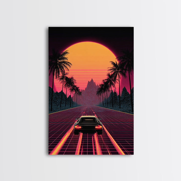 Retro Futuristic Neon Sunset Road With Laser Grid And Sports Car Canvas Print For Modern Wall Art Cyberpunk Decor And Gaming Room Decor