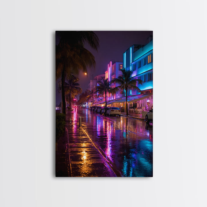 Neon City Street Rain Reflection Wall Art Vibrant Urban Nightscape Canvas Print For Modern Home Decor
