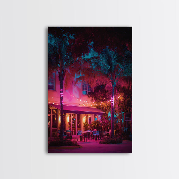 Vibrant Nighttime Tropical Outdoor Cafe Scene In Pink And Blue Modern Wall Art Canvas Print