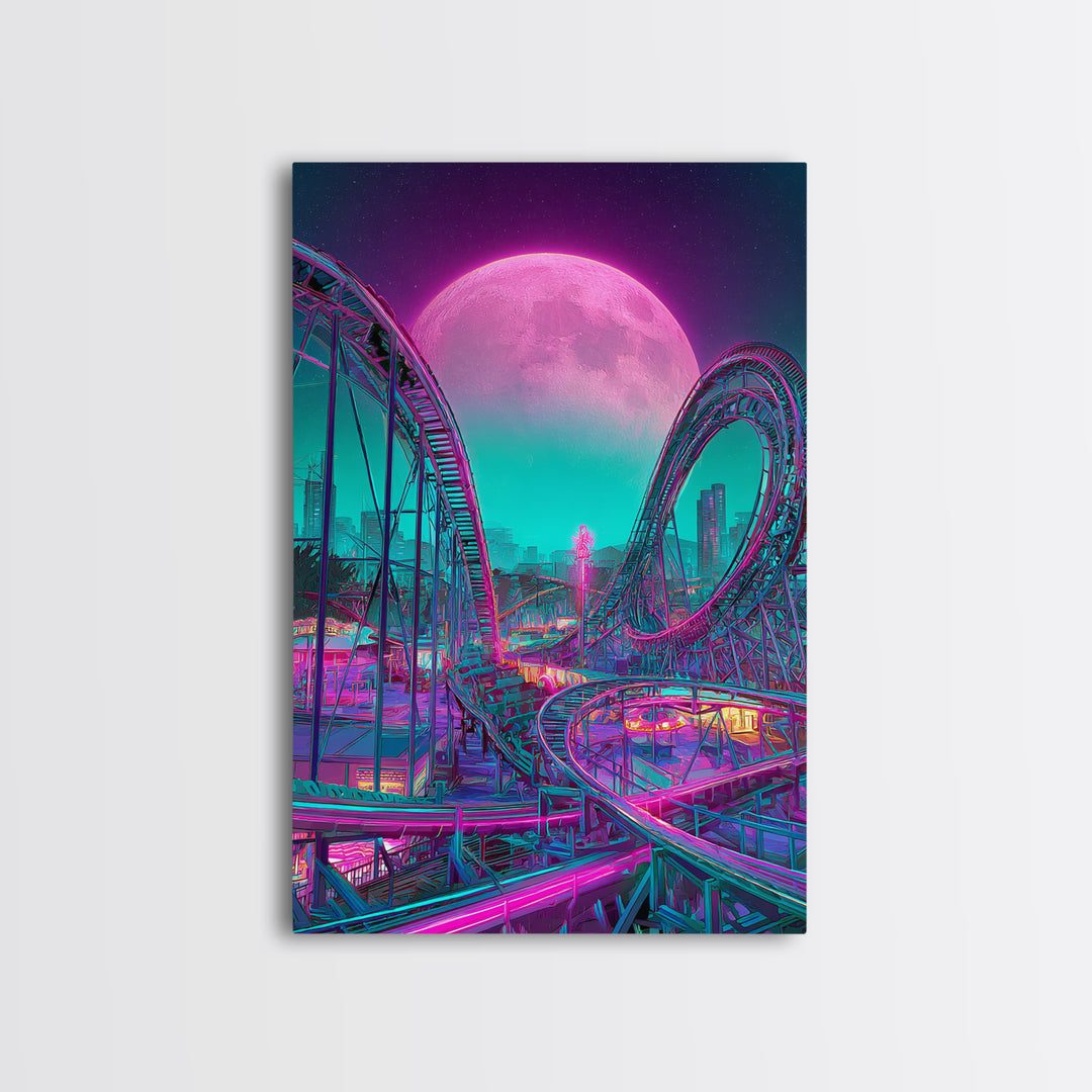 Vibrant Retro Futuristic Roller Coaster Scene With Neon Pink Moon Wall Art Canvas Print For Gamers Room Decor