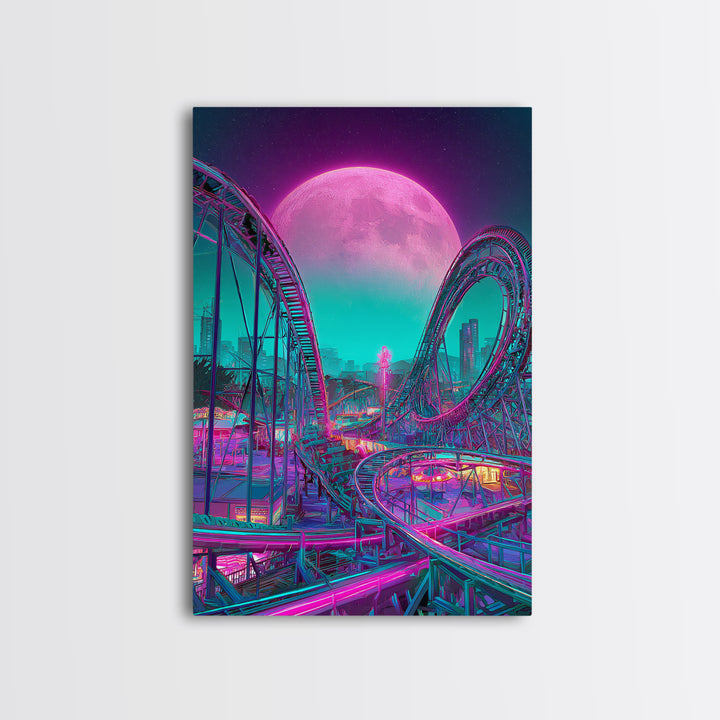 Vibrant Retro Futuristic Roller Coaster Scene With Neon Pink Moon Wall Art Canvas Print For Gamers Room Decor