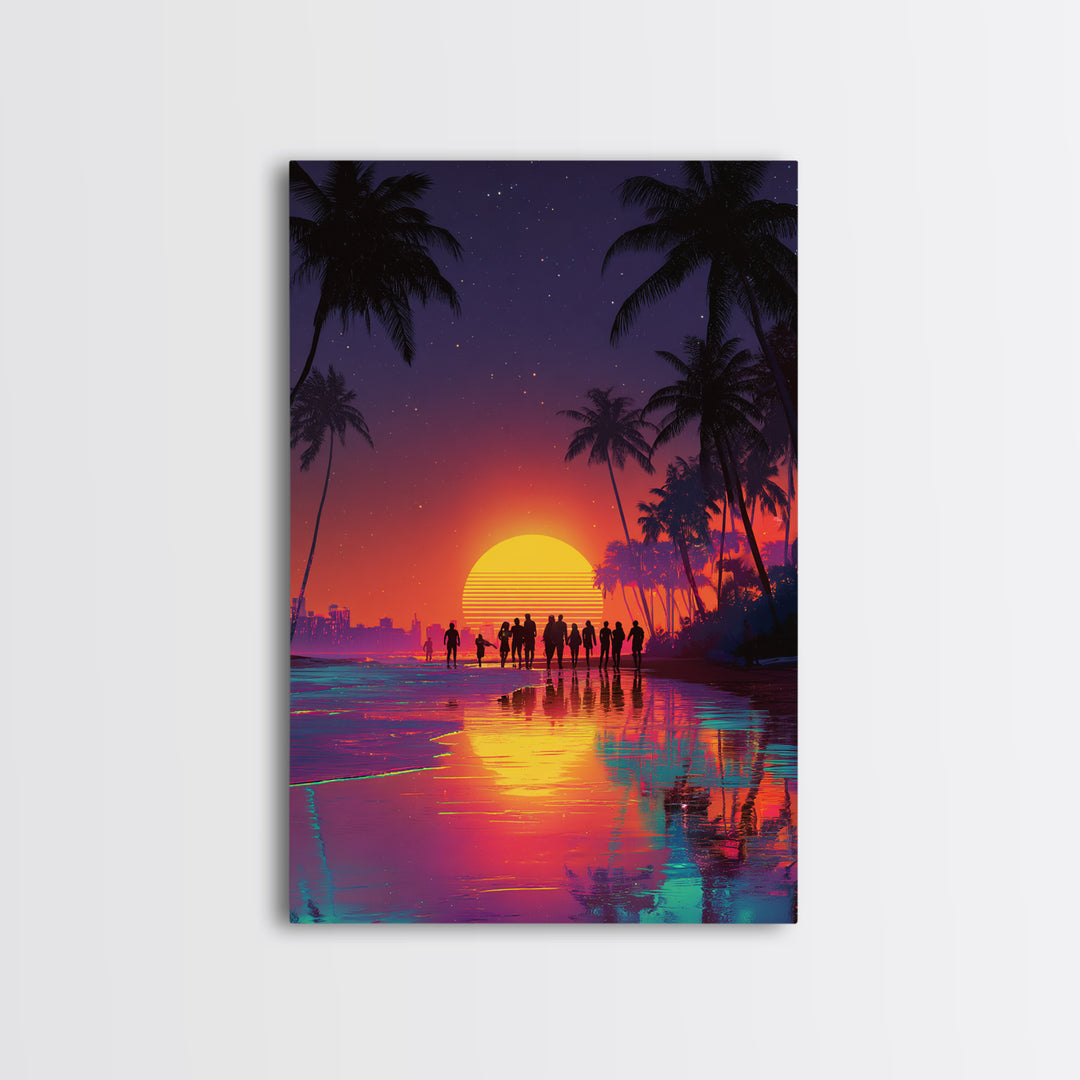 Modern Vibrant Sunset Beach Scene With People Silhouettes Wall Art Framed Canvas Print For Coastal Home Decor