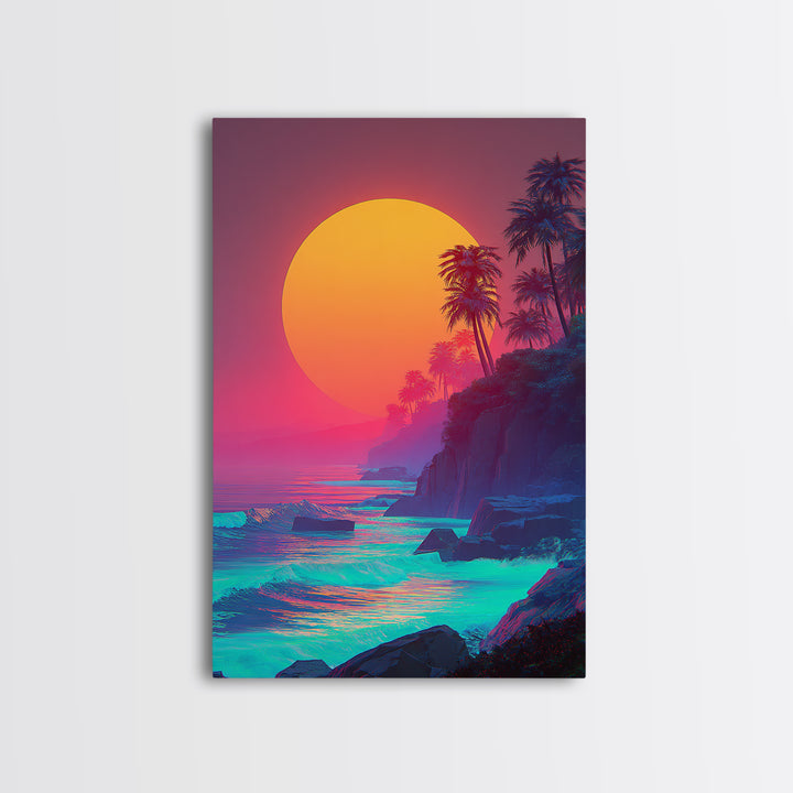 Vibrant Tropical Sunset With Palm Trees Ocean Coastline Digital Painting Canvas Print Modern Wall Art For Home Decor