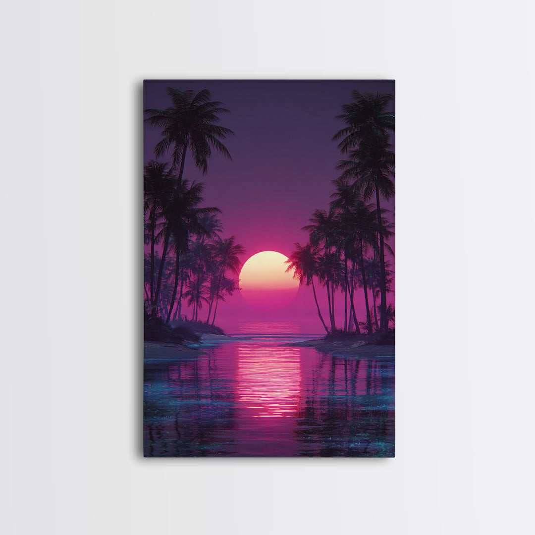Gentle Pink Purple Tropical Sunset Over Calm Ocean With Palm Trees Wall Art For Relaxing Bedroom Decor