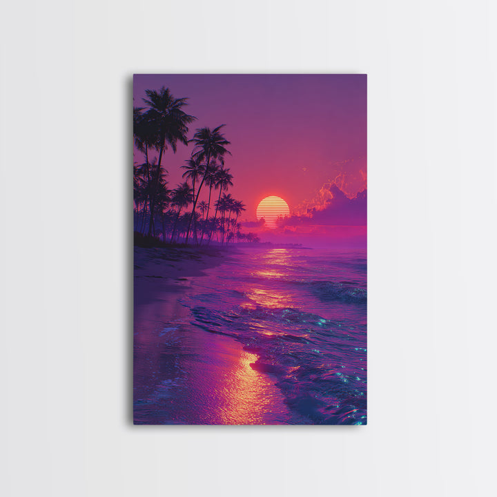 Vibrant Retro Sunset Beach Scene With Palm Trees Silhouettes Wall Art Canvas Print For Home Decor And Living Room