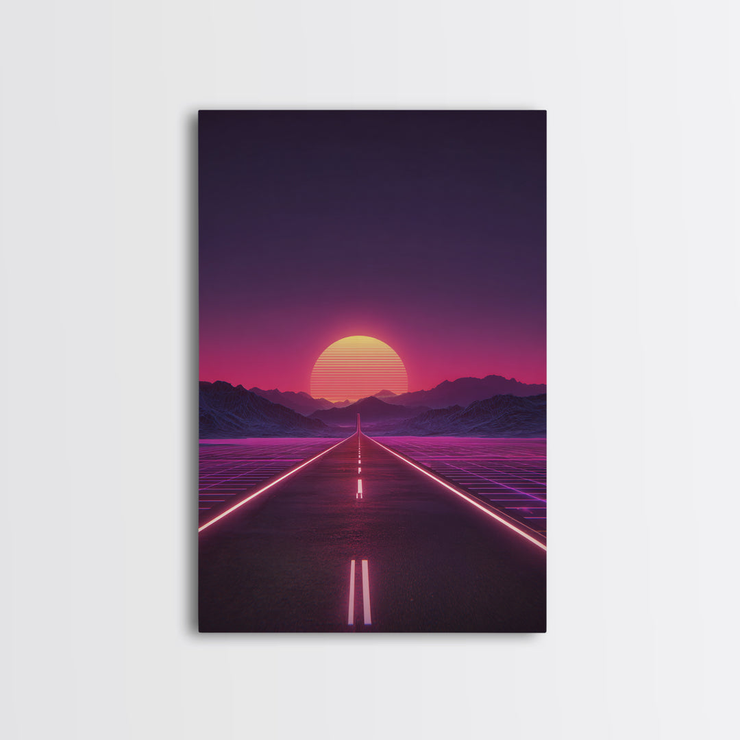 Offbeat Neon Retro Futuristic Road Sunset Digital Art Wall Art Canvas Print Trendy Modern Decor For Bedroom And Office