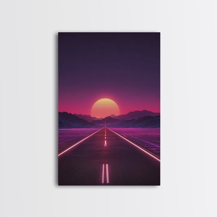 Offbeat Neon Retro Futuristic Road Sunset Digital Art Wall Art Canvas Print Trendy Modern Decor For Bedroom And Office
