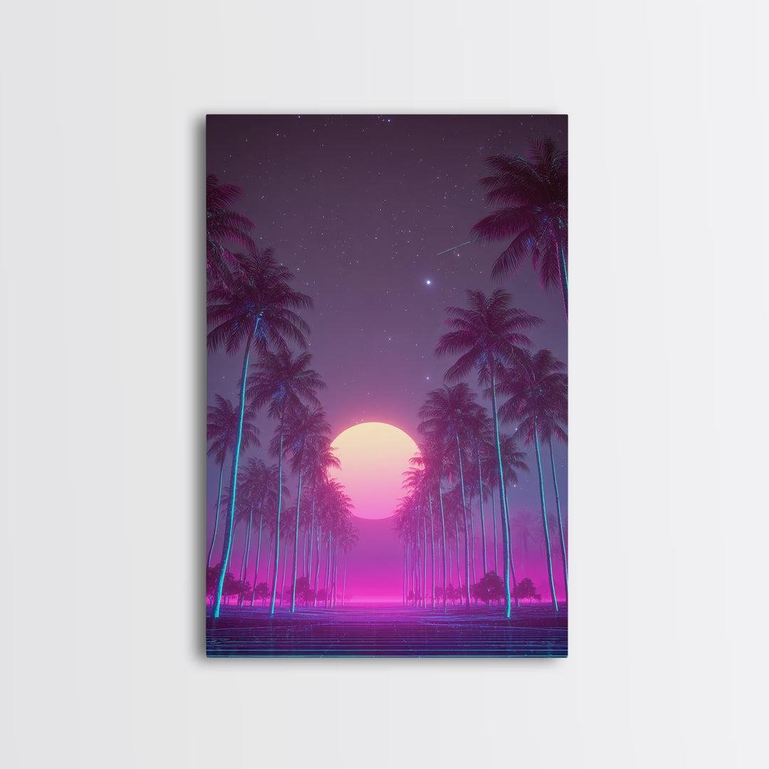Retro Futuristic Neon Highway Leading To Large Vibrant Sun Over Palm Trees Digital Canvas Print Wall Art