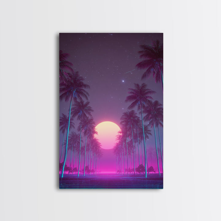 Retro Futuristic Neon Highway Leading To Large Vibrant Sun Over Palm Trees Digital Canvas Print Wall Art