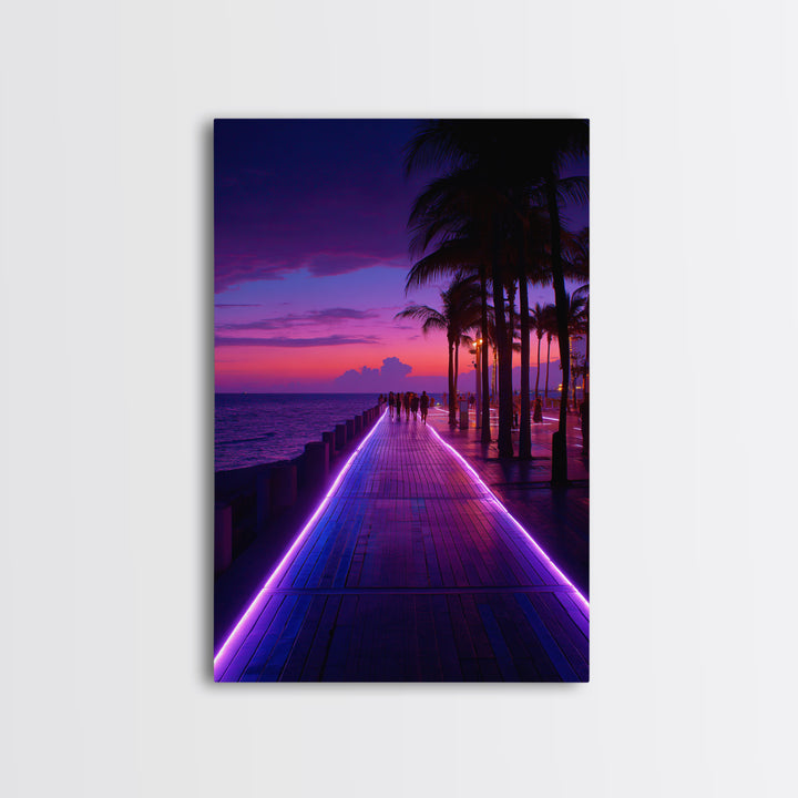Neon Purple Boardwalk With Palm Trees At Twilight Coastal Photography - Canvas Print Modern Wall Art For Home Decor