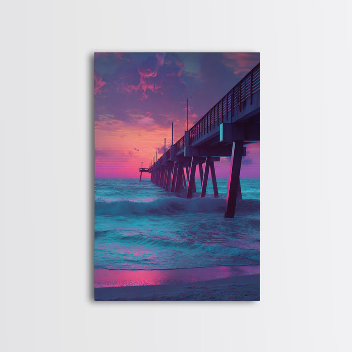 Mystical Purple And Blue Ocean Pier Sunset Wall Art Print For Beach House And Coastal Decor Canvas Print
