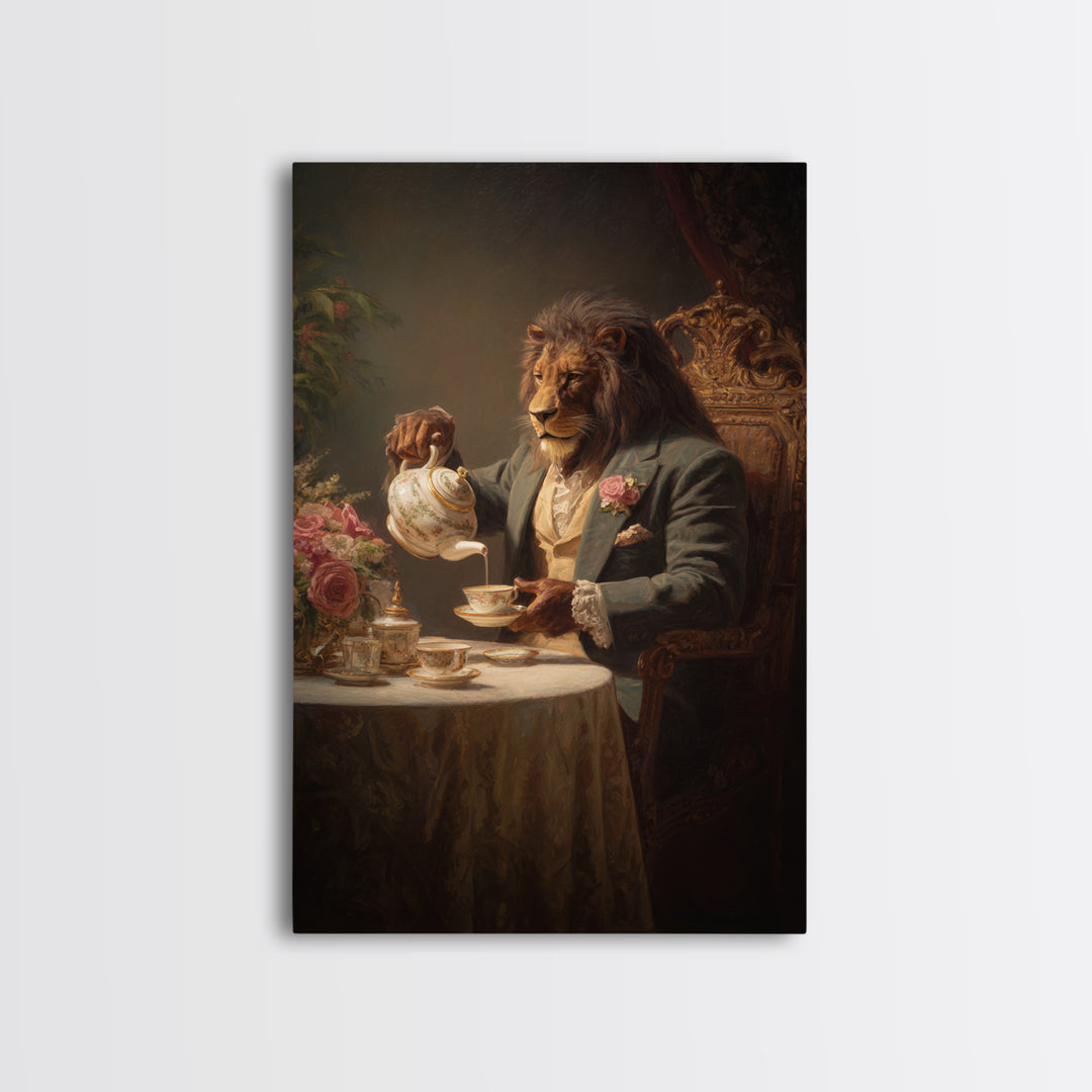 Regal Lion Pouring Tea In Victorian Parlor Canvas Print, Whimsical Animal Wall Art, Dark Academia Dining Room Decor Gift