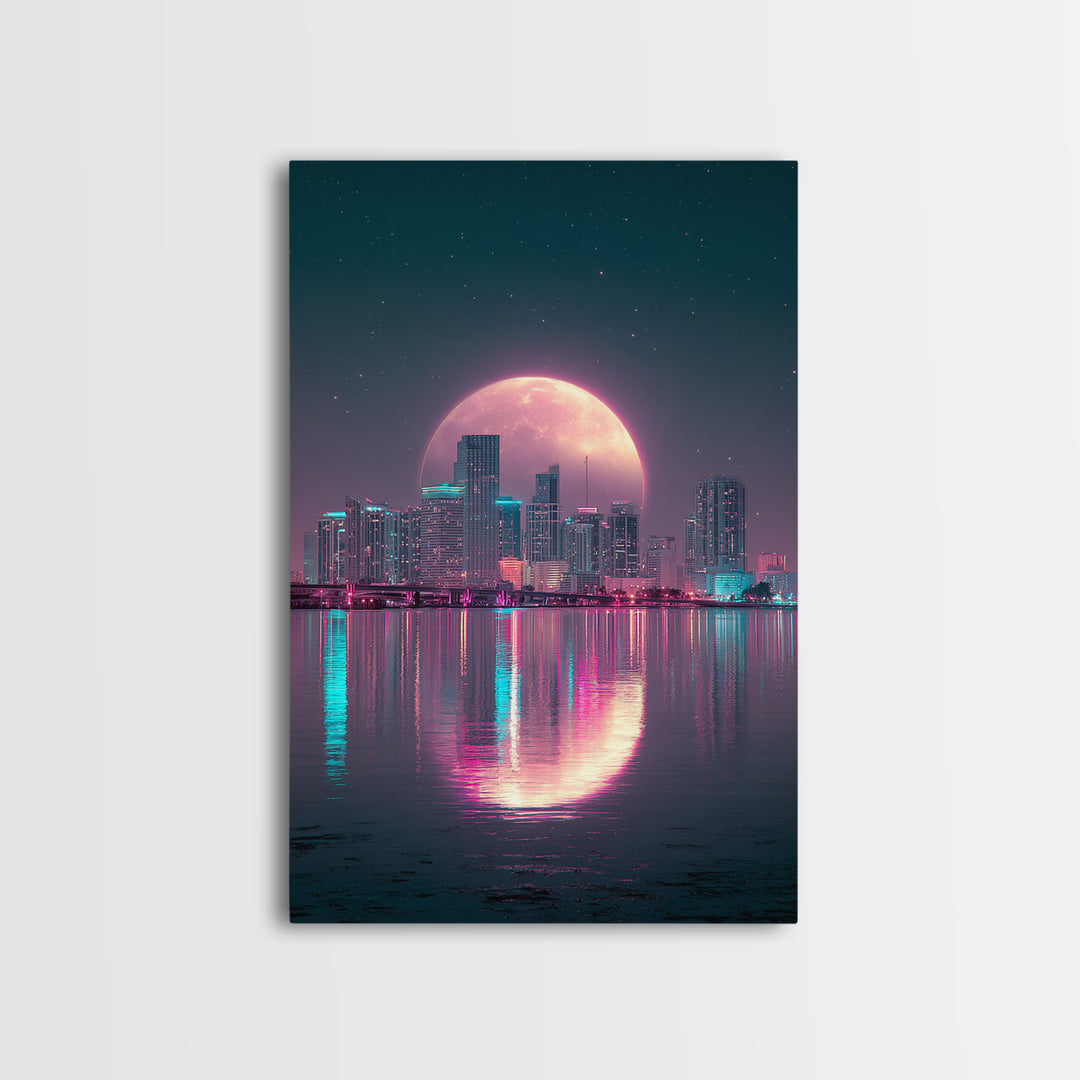 Giant Pink Moon Over Tropical Cityscape Sunset Urban Modern Wall Art Canvas Print
