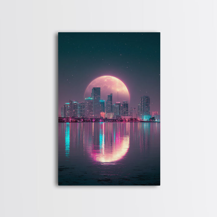 Giant Pink Moon Over Tropical Cityscape Sunset Urban Modern Wall Art Canvas Print