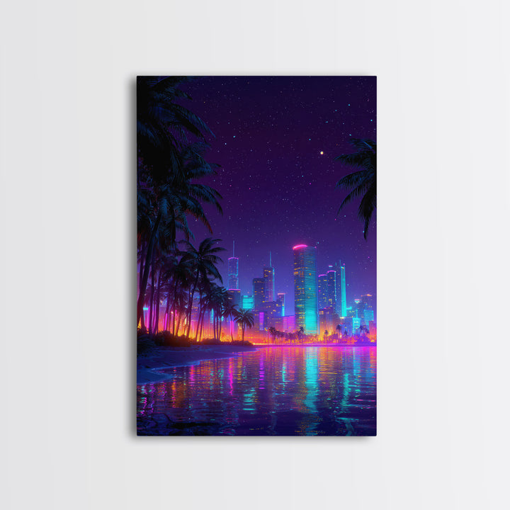 Neon Cityscape At Night With Reflections And Palm Trees Wall Art Framed Canvas Print For Modern Living Room Decor
