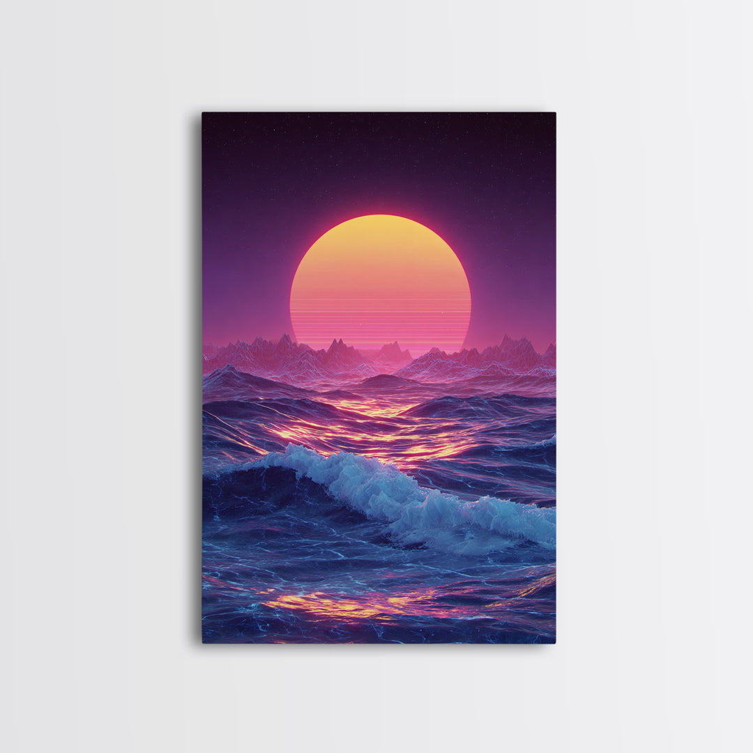 Retro Futuristic Neon Pink And Purple Surreal Landscape Digital Wall Art Framed Canvas Print