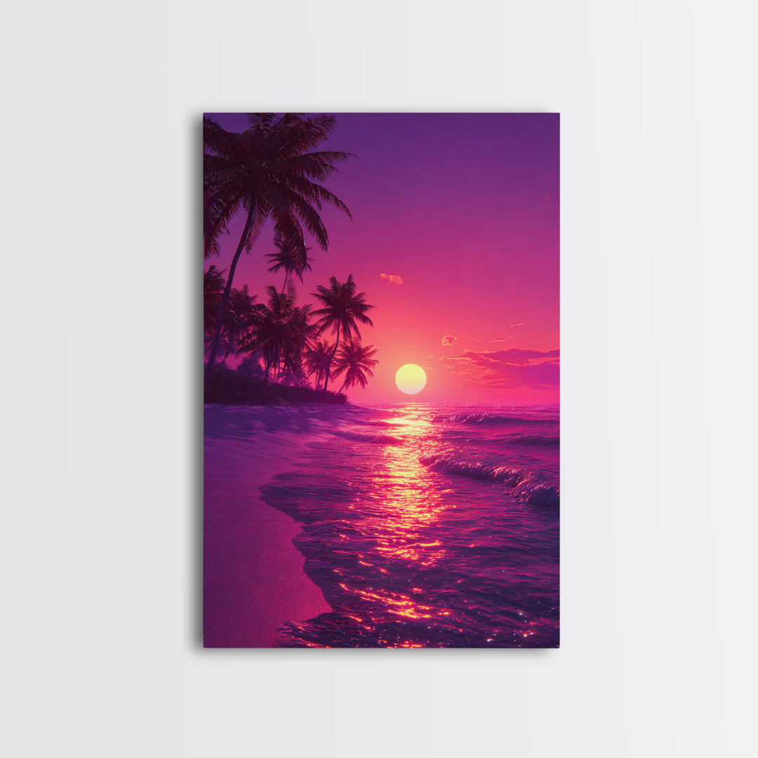 Tropical Sunset Beach Landscape Canvas Print With Pink Palm Trees And Ocean Waves Coastal Wall Art Home Decor For Living Room