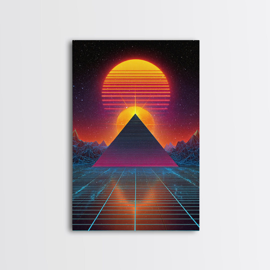 Futuristic Digital Pyramid And Sunset Landscape Sci-Fi Art Print Canvas For Unique Wall Art And Home Decor