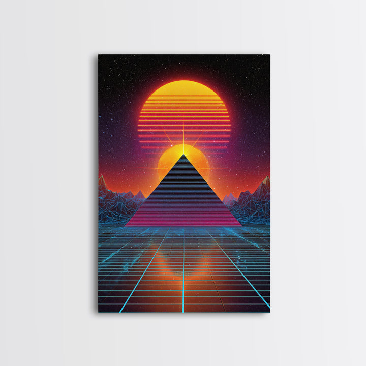 Futuristic Digital Pyramid And Sunset Landscape Sci-Fi Art Print Canvas For Unique Wall Art And Home Decor