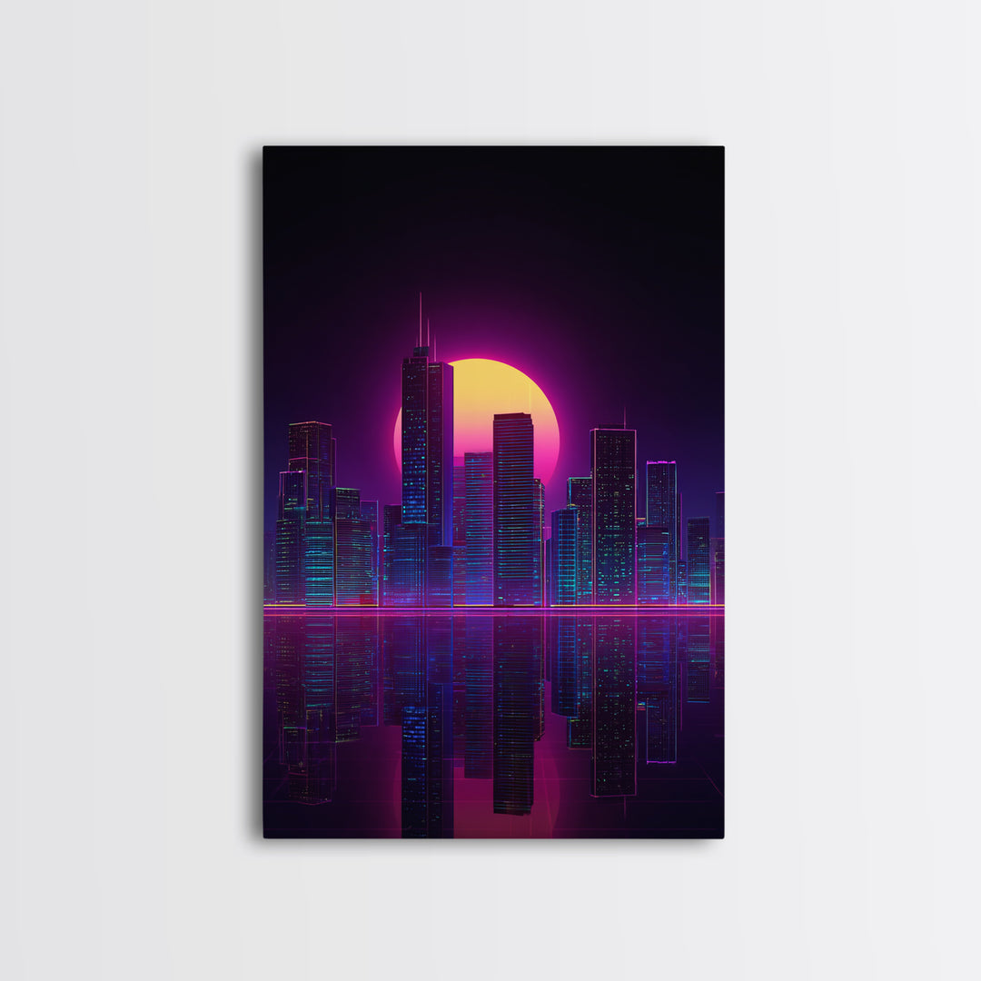 Futuristic Neon Cityscape With Purple And Pink Sunset Sci-Fi Wall Art Framed Canvas Print For Modern Living Room Decor