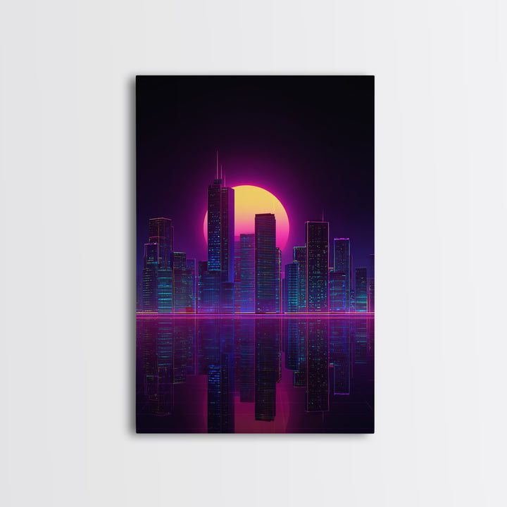 Futuristic Neon Cityscape With Purple And Pink Sunset Sci-Fi Wall Art Framed Canvas Print For Modern Living Room Decor