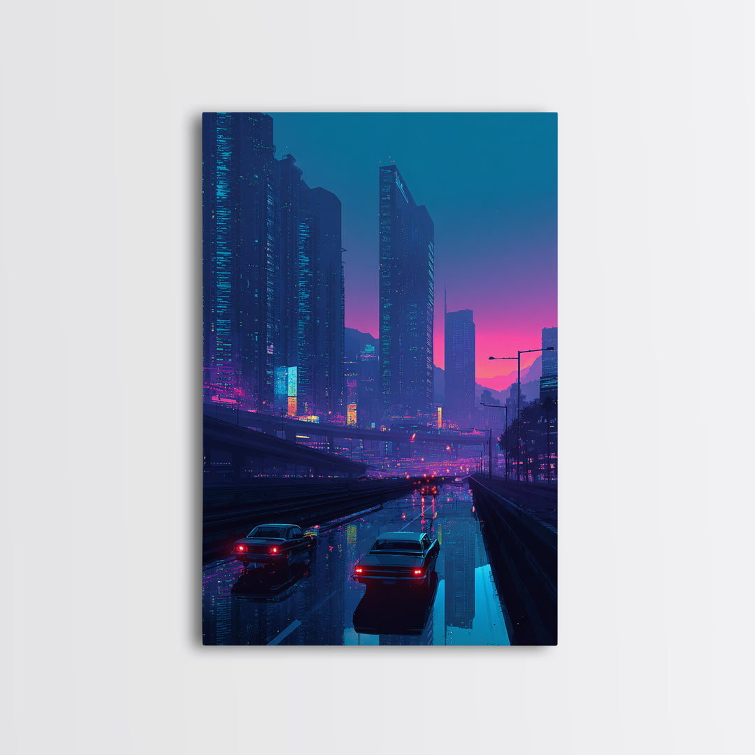 Cyberpunk Cityscape At Dusk With Neon Lights And Rain Reflections Modern Wall Art For Home Decor And Office