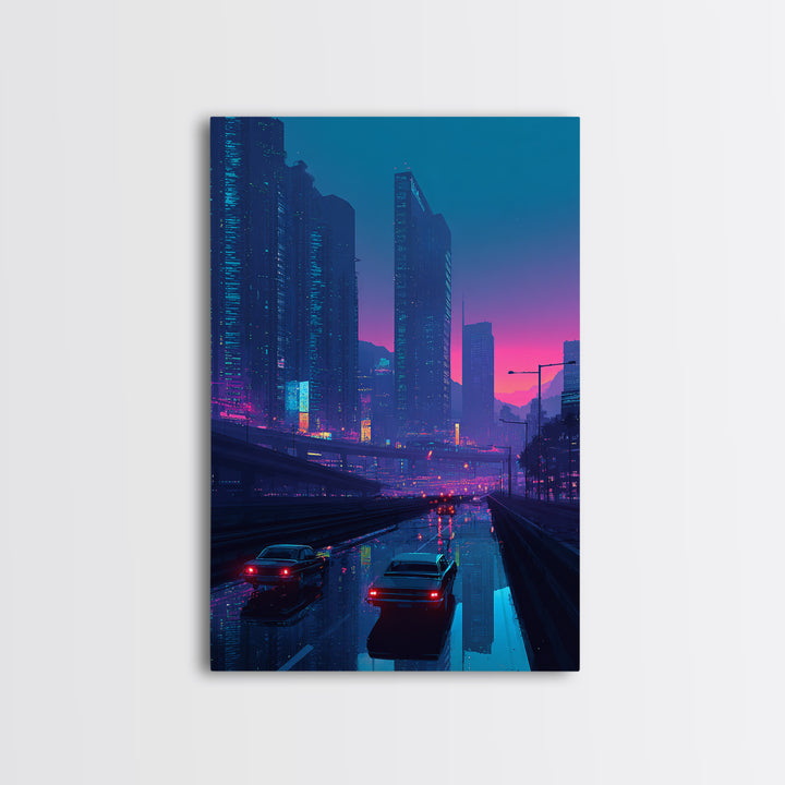 Cyberpunk Cityscape At Dusk With Neon Lights And Rain Reflections Modern Wall Art For Home Decor And Office