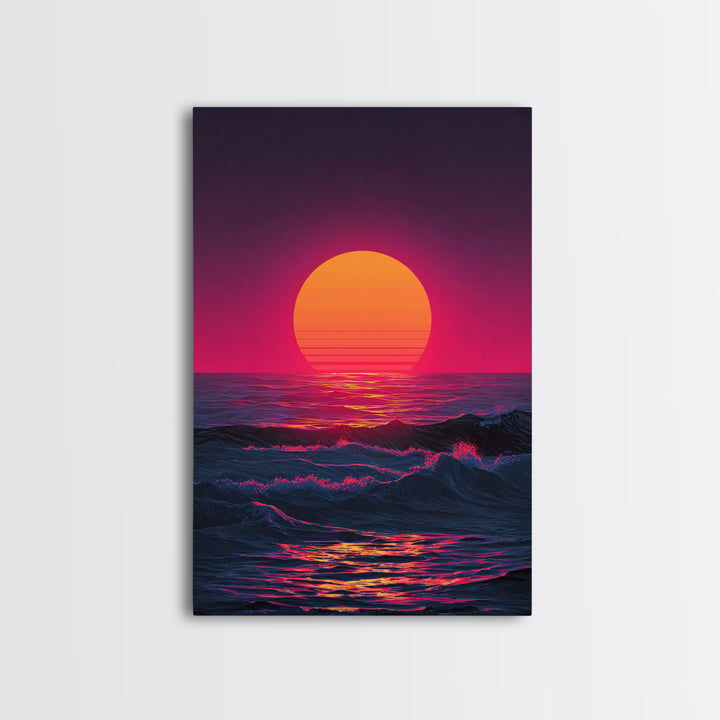 Vibrant Retro Abstract Neon Sunset Over Ocean Waves With Pink And Purple Horizon Wall Art Canvas Print For Bold Home Decor